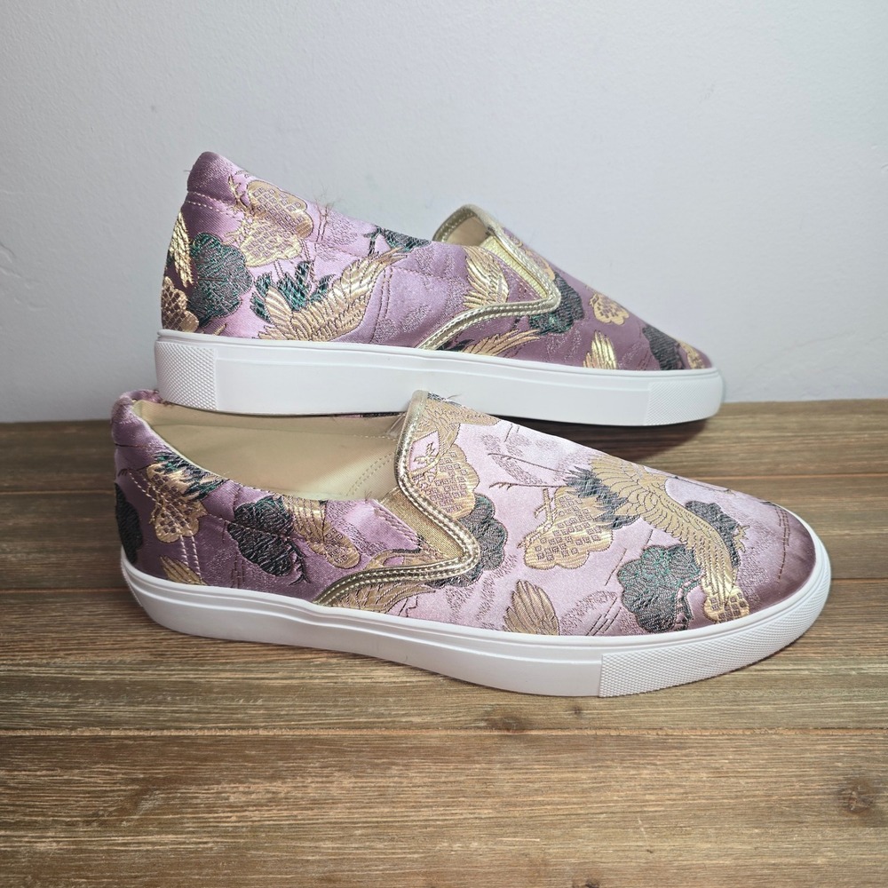 Johnny Was Crane Slip On Sneakers Purple Gold Embroidered Silk Floral Womens 8M